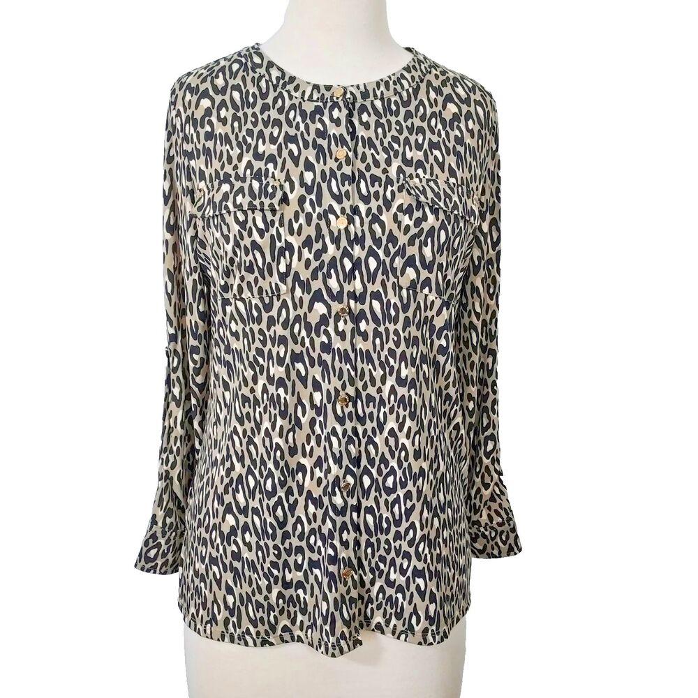 Dana Buchman Blouse Women Size Medium Spotted Leopard Print Roll Tab Sleeve Top